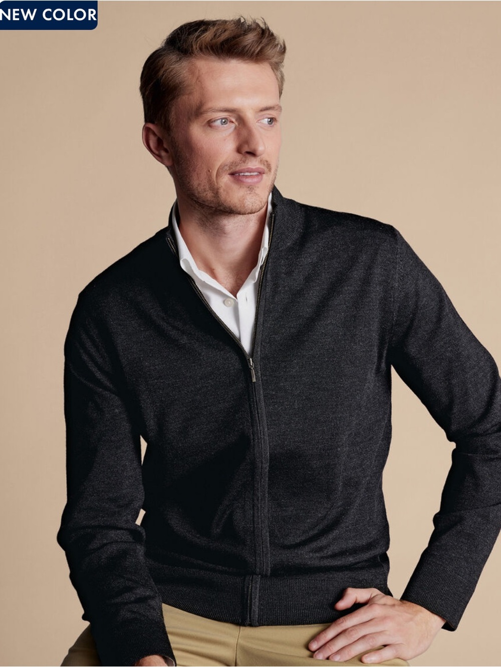 Pure Merino Full Zip-Through Cardigan - Charcoal Gray Charles Tyrwhitt